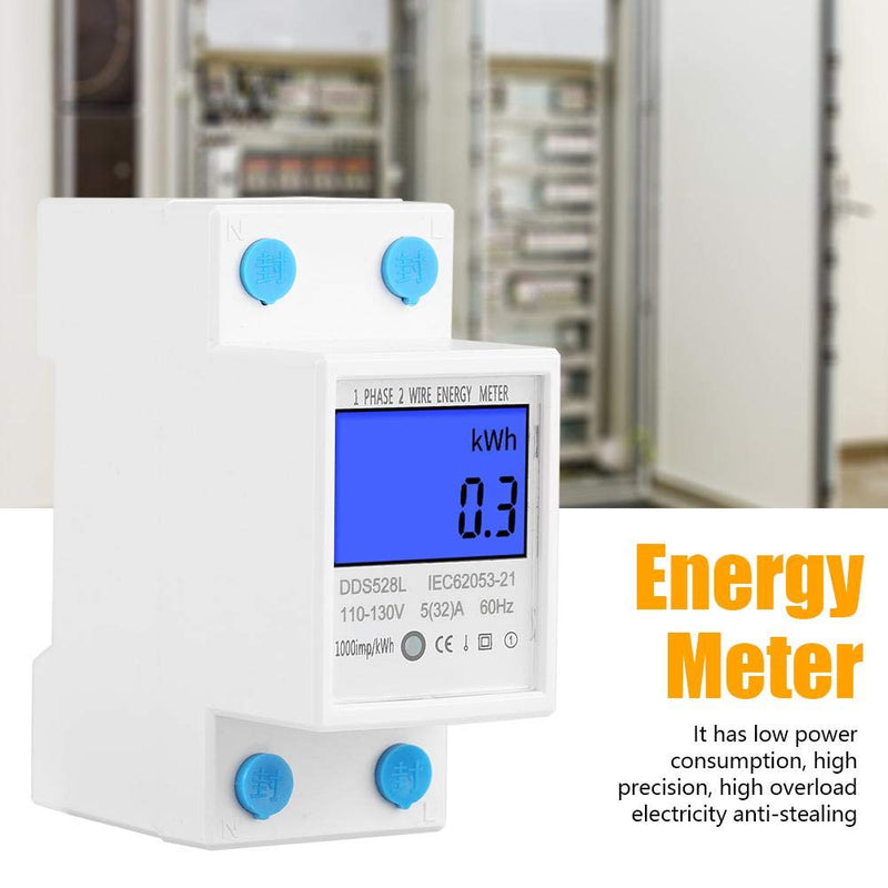 Digital Energy Meter, 5-32A 110-130V 60Hz LCD Backlight Single Phase Energy KWh Meter 35mm DIN Rail Mounting with Buckle & Seal Cap