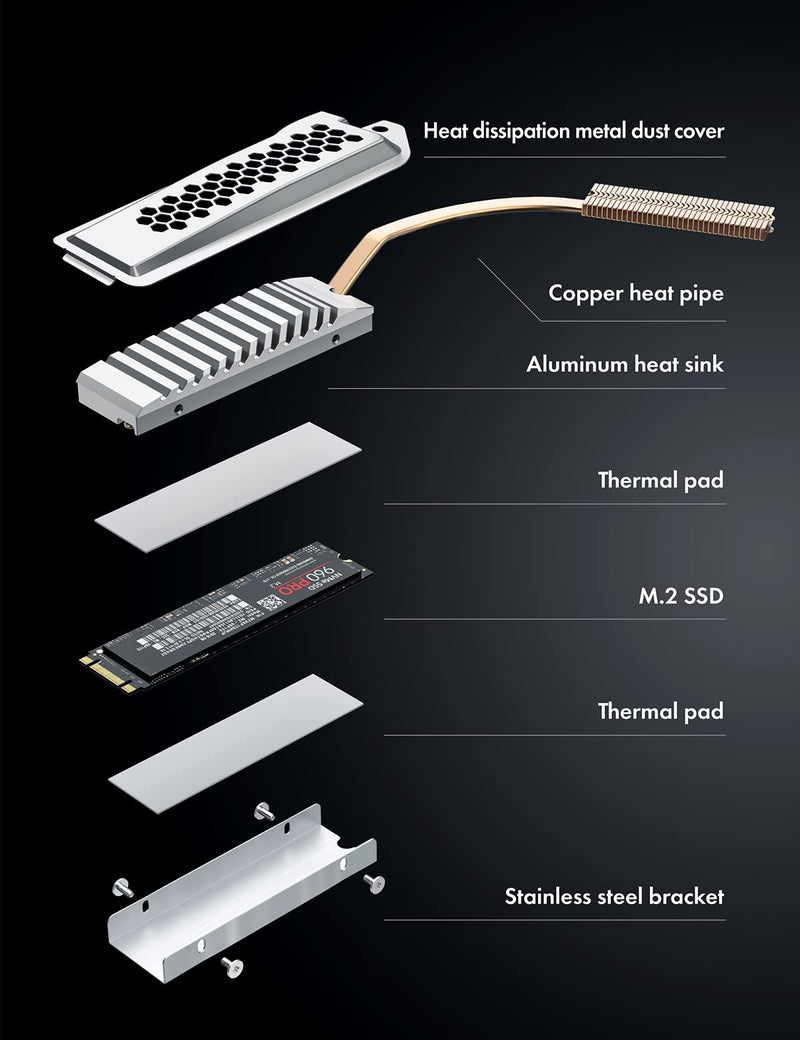 GRAYEAR | Heatpipe heatsink for M.2 SSD (2280) with cover | PS5 Heatpipe Cooler Kit | for PS®5 memory expansion | 4x thermal pads incl. | G-PS5HS01-Cov