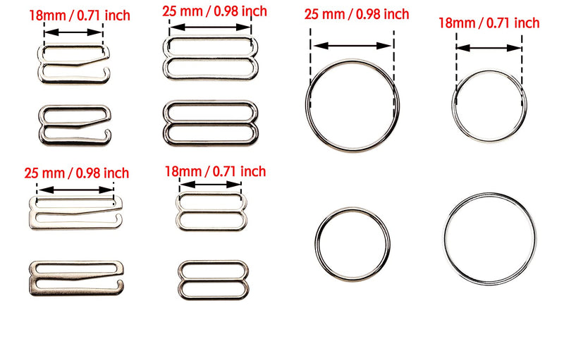 Tupalizy 72PCS Bra Strap Hooks for Sewing Bikini Halter Swimsuit Tops Lingerie Rings Metal Bathing Suit Clips Clasp Adjustment Sliders for Slip Dress, 3 Styles, Silver, Metallic Black, 18mm and 25mm 18mm, 25mm