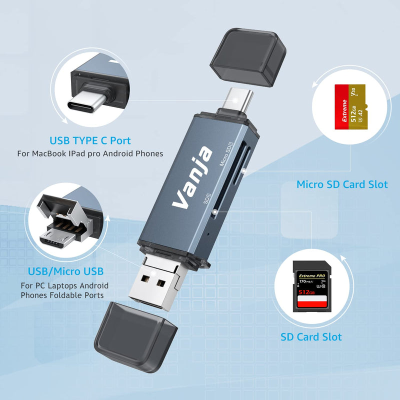 Vanja 3 in 1 Micro SD Card Reader, USB-C USB-A Micro USB Portable Memory Card Reader, Camera SD Card Adapter for SD, SDXC, SDHC, MMC, RS-MMC, Micro SD, Micro SDXC, Micro SDHC and UHS-I Cards