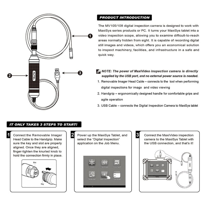 MaxiVideo MV108 Inspection Endoscope Video Scope for Autel MS906TS/MS906BT/MS908P