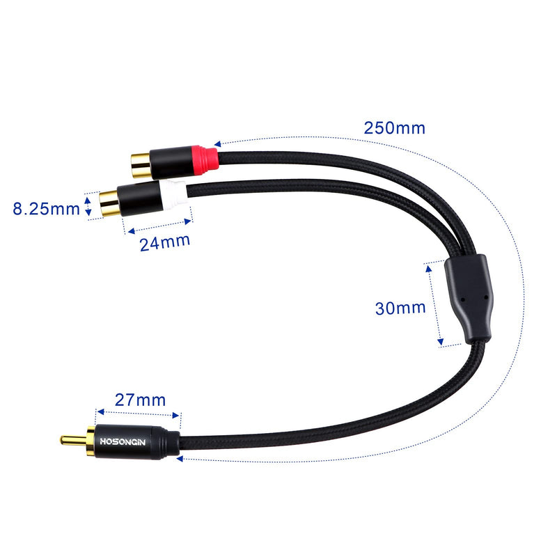 Subwoofer Cable RCA Splitter 1 Male to 2 Female, HOSONGIN RCA Y Adapter Splitter Cable with Black Cotton Braided Jaket and Gold-Plated Plug, 2 Pack/Length: 12 inch