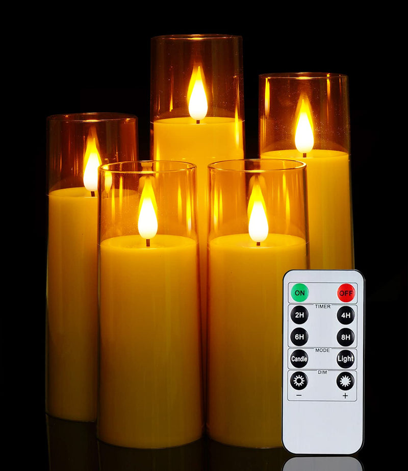 Amagic Acrylic Flameless Candles, Battery Operated Candles, Flickering LED Pillar Candles with Remote Control and Timer, 3D Wick, Gold, Set of 5