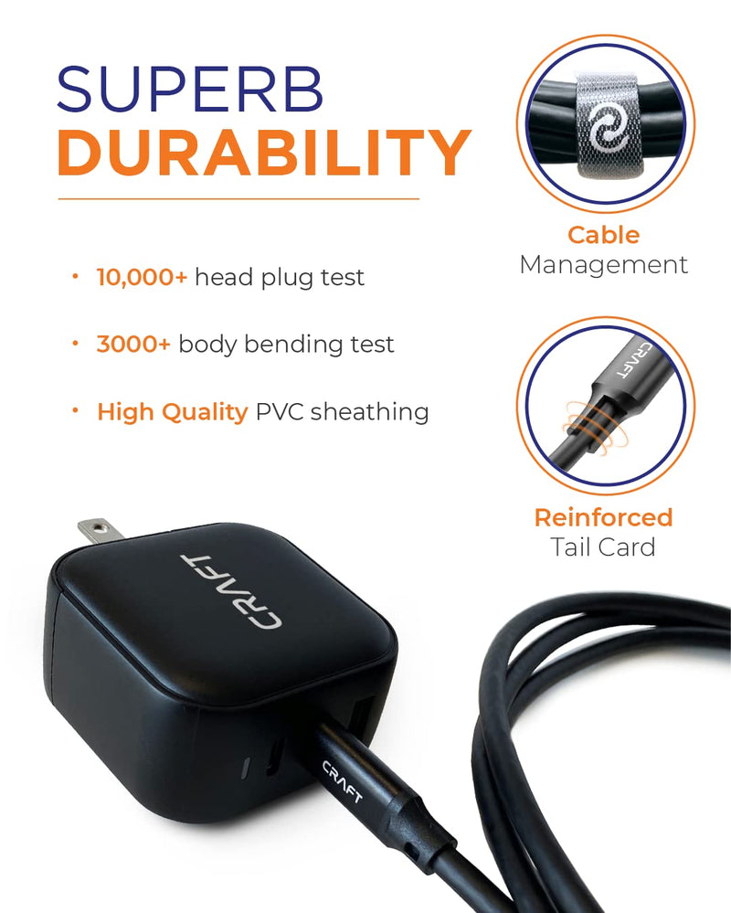 CRAFT USB-C to USB-C 3.2 Gen2x2 Power and Data Cable. 100W Fast Charging, 20Gbps Data Transfer. 0.5ft (18cm) 0.5ft (18cm)