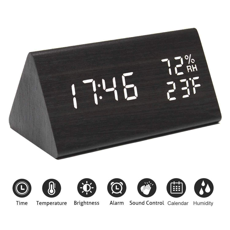 Digital Alarm Clock, with Wooden Electronic LED Time Display, 3 Alarm Settings, Humidity & Temperature Detect, Wood Made Electric Clocks for Bedroom, Bedside… (Black) Black