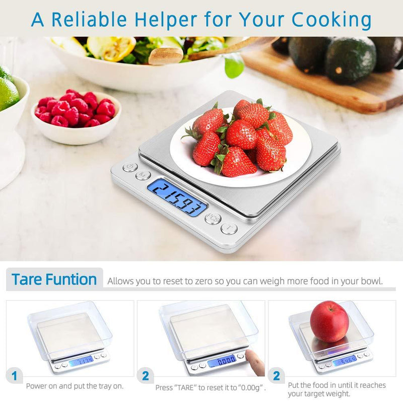 Digital Gram Scale Toprime 500g 0.01g Food Scale High Precision Kitchen Scale Multifunctional Stainless Steel Pocket Scale with Back-Lit LCD Display Tare PCS Features, Silver