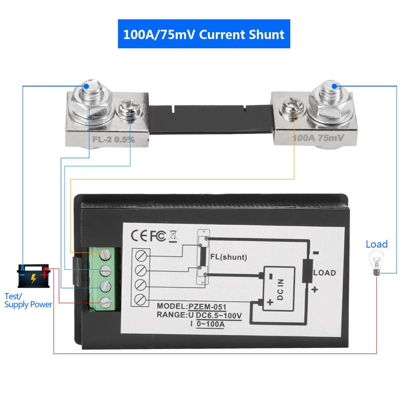 【𝐂𝐡𝐫𝐢𝐬𝐭𝐦𝐚𝐬 𝐃𝐞𝐚𝐥𝐬】Voltage Current Tester,PZEM-051 DC 6.5-100V Digital Electric Power Energy Voltage Current Meter,with Power Alarm Threshold, Overload Alarm Function(50A Current Shunt)