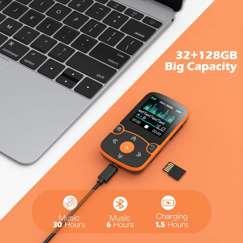 32GB MP3 Player with Clip, AGPTEK Bluetooth 5.0 Lossless Sound with FM Radio, Voice Recorder for Sport Running, Supports up to 128GB TF Card,Orange Orange