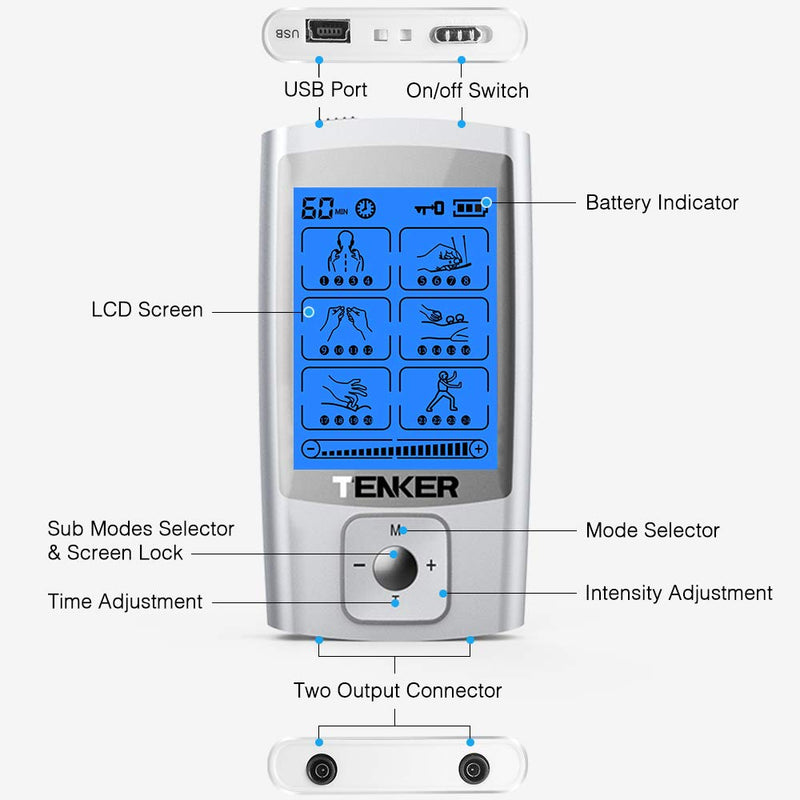 TENKER TENS EMS Unit Muscle Stimulator, 24 Modes TENS Machine for Pain Relief & Muscle Strength Rechargeable Electronic Pulse Massager(Not Fit TENKER Square Pads)