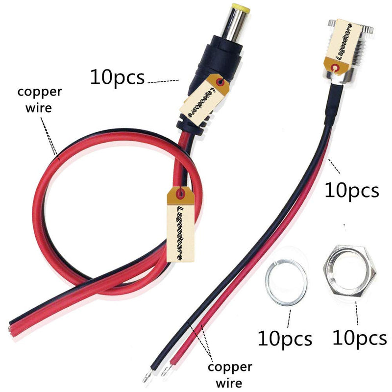 Lsgoodcare 20Pcs 5.5 x 2.1 MM 10A DC Power Jack Socket Dc099 30V Threaded Female Mount Connector Adapter with 3.94 Ich 18AWG Cable & 5.5mm x 2.1mm 12V Pure Copper Male DC Power Pigtail Cable 5.5 x 2.1 mm-0