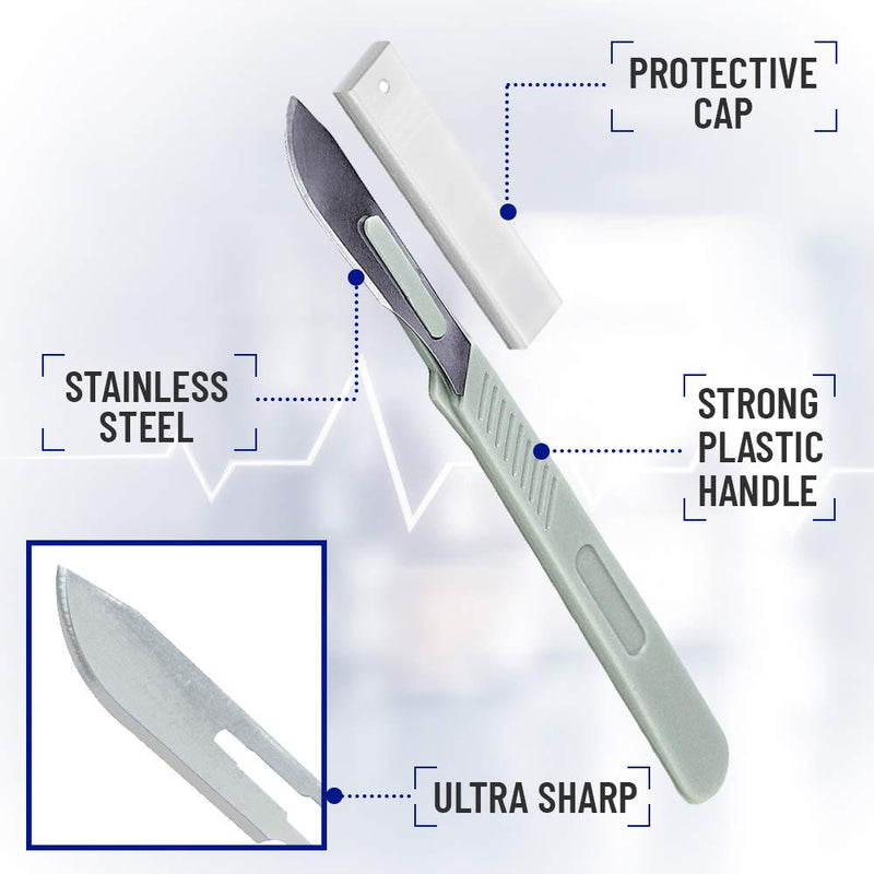 MedHelp Disposable Scalpel 10 Disposable Dermaplaning Tool Scalpel Blades with Plastic Handle, High Carbon Steel Dermablade Blades. Individually Wrapped #10 Surgical Blades, Sterile ● Box of 10