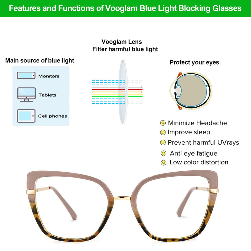 VOOGLAM Oversize Cateye Blue Light Blocking Glasses for Women Anti UV Eyestrain Eyewear Declan Pink Tortoise Clear