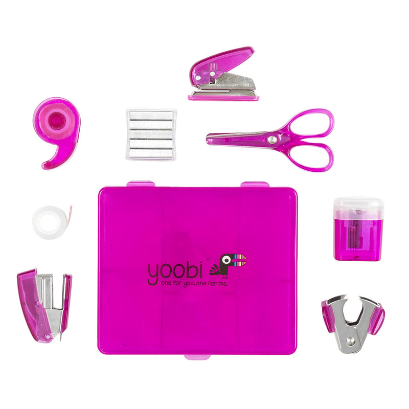 Yoobi Flat Mini Supply Kit | Includes Pencil Sharpener, Scissors, Stapler, Staple Remover, Staples, Tape Dispenser, Hole Puncher and Case | Pink 1 Pack