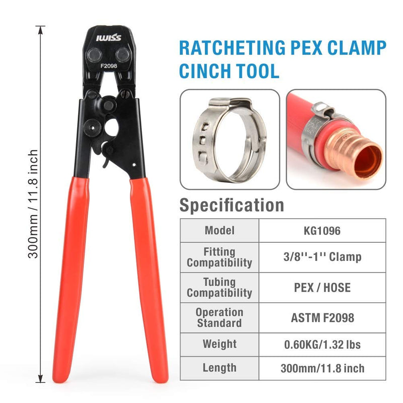 IWISS Ratcheting PEX Cinch Tool for Fastening Stainless Clamps from 3/8-Inch to 1-Inch with Calibration Gauge Suits ASTM F2098 and Non F2098 Ear Hose Clamps Clamp Tool