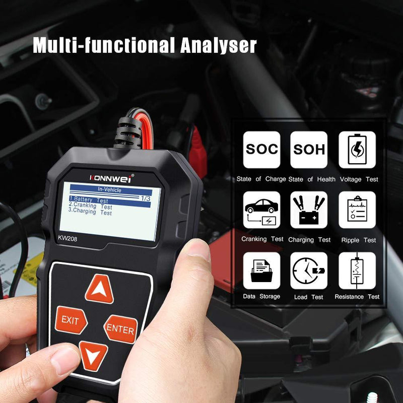 KONNWEI KW208 12V Car Battery Tester, 100-2000 CCA Load Tester Automotive Alternator Tester Digital Auto Battery Analyzer Charging Cranking System Tester for Car Truck Marine Motorcycle SUV Boat