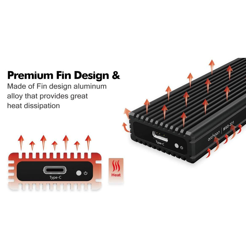 archgon USB 3.1 Gen.2 NVMe Aluminum External SSD Enclosure with Both USB-C and USB-A Cables Compatible with M.2 2230/2242/2260/2280 PCIe-Based Solid State Drive Model MSD-221 (Black)