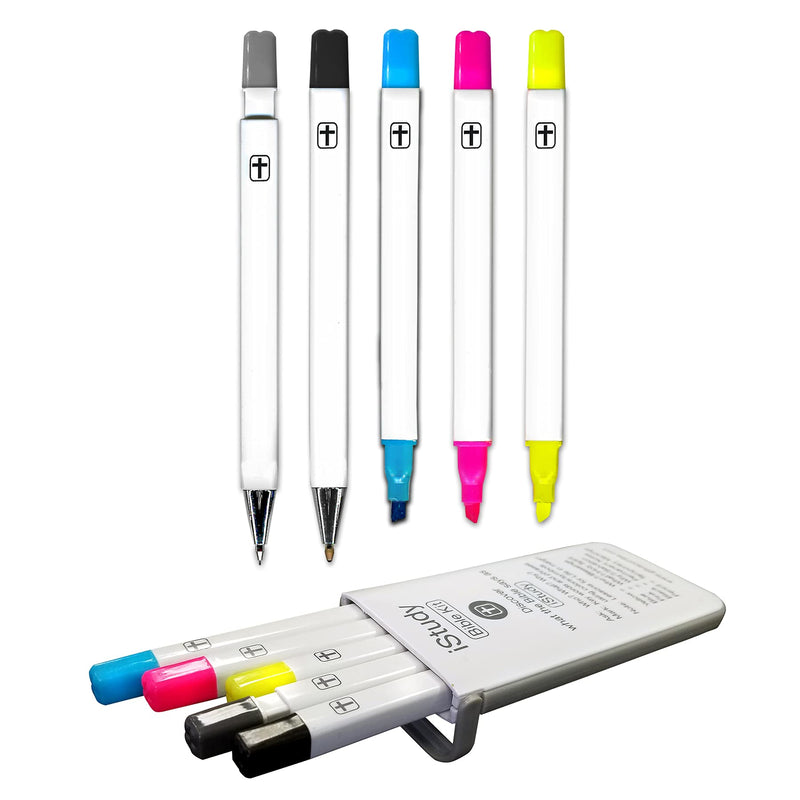 G.T. Luscombe Company, Inc. iStudy Bible Study Kit | No Bleed Pigmented Ink | Bible Safe | No Smearing or Fading | Highlighters Blue, Pink, Yellow, Black Pen & Mechanical Pencil with Case (Set of 5)