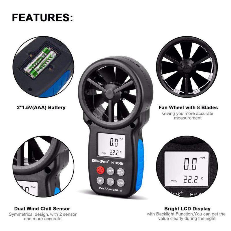 Holdpeak HP-866B 2Pcs Digital Anemometer Handheld LCD Wind Speed Meter Measuring Wind Speed, Temperature Wind Chill Backlight Max/Min Data 2Pcs 866B Anemometer