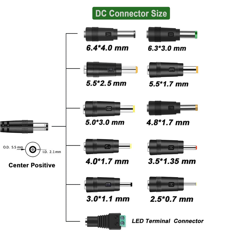 Gonine 12V 5A DC Power Supply, AC 100-240V 60W Adapter Transformers, Suit for Christmas Tree LED Light Strips CCTV Security System LCD Monitor. with 5.5 X 2.1 mm Tip and 11 Pcs DC Connector. 12V 5A AC Adapter +11* DC JACK