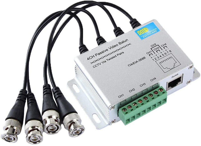 BeElion 4-CH 720P/1080P HD Passive Video Balun, Aluminium Alloy BNC to RJ45 Network Transceiver Cat5e/Cat6 Adapter AHD/TVI/CVI/CVBS for Full HD Security Surveillance Camera System