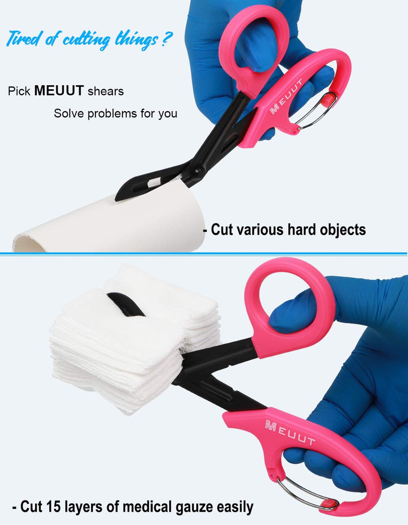 MEUUT 3 Pack Penlights for Nurses & Medical Scissors-Two LED Medical Penlights with Pupil Gauge, One 7.5" EMT Trauma Shears Bandage Scissor with Carabiner-Medical Supplies for Nurse Doctor EMT Rose Red Shear+Rose Red&Silver Penlights