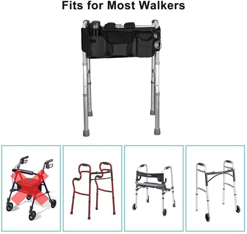 supregear Walker Bag, Folding Walker Basket Organizer Pouch Tote with Multiple Pockets and Zippered Compartment for Walker Rollator Scooters Wheelchair, Hook & Loop Design Storage Bag (Black) Black