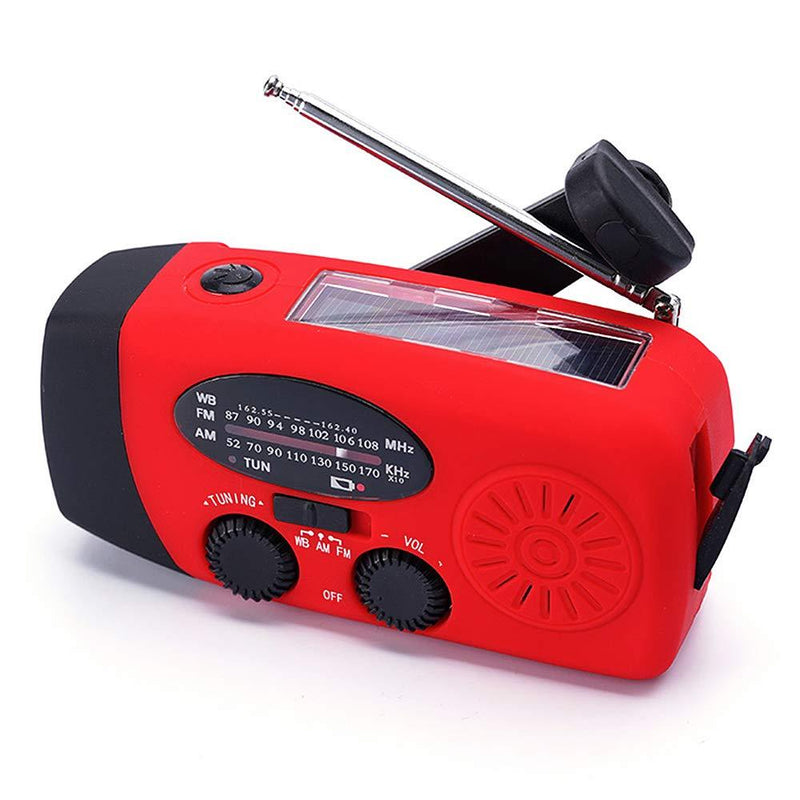 FM/AM/NOAA Weather Radio Hand Crank Self Powered Solar Emergency Radios with 3 LED Flashlight 2000mah Power Bank Smart Phone Charger (Red) Red