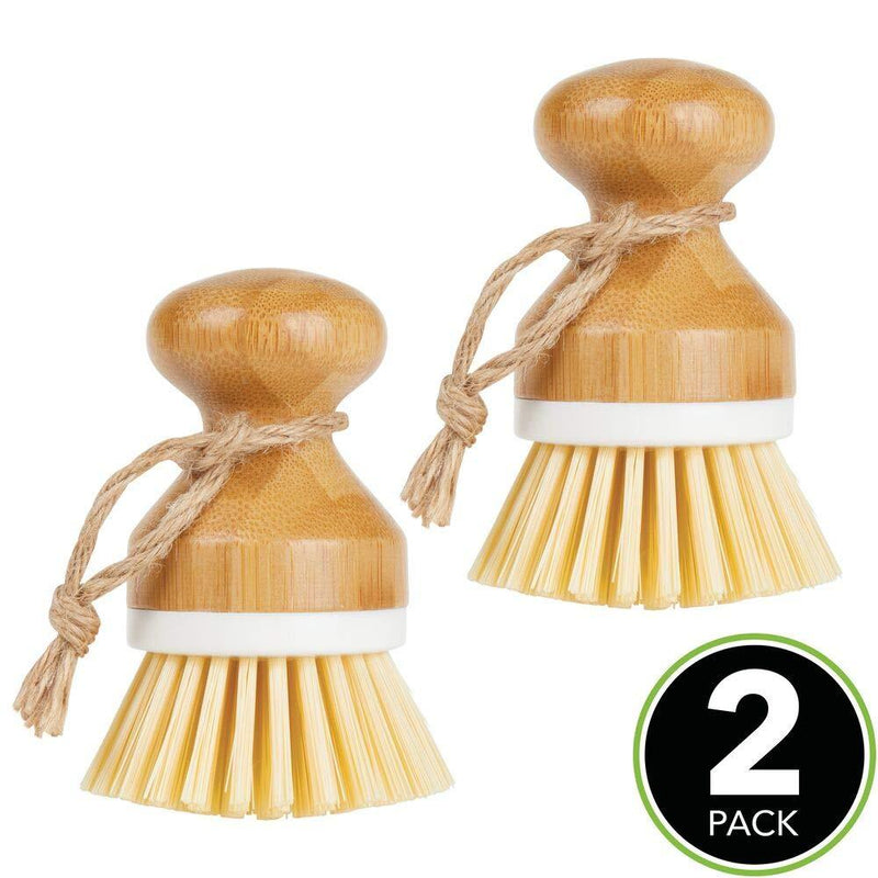 mDesign Bamboo Round Mini Palm Scrub Brush, Stiff Bristles - Wet Cleaning Scrubber - Wash Dishes, Pots, Pans, Vegetables - for Kitchen Sink, Bathroom, Household Cleaning - 2 Pack - White/Natural Wood
