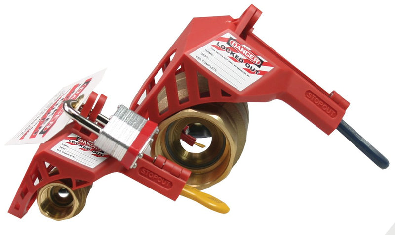 Accuform Signs KDD442 STOPOUT Ball Valve Lockout, Fits Ball Valve 3/8" to 1-1/4", Hinged Plastic Gull-Wing Housing, Red .375" - 1.25"