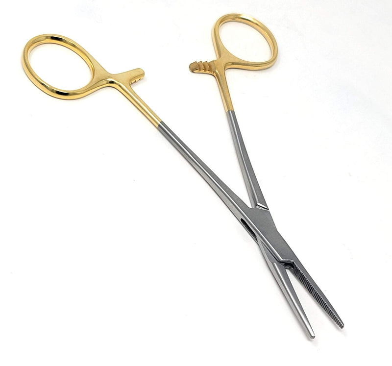 Mosquito Hemostat Locking Forceps 5" Straight with Full Serrated Jaws Ideal for Clamping, Fishing, Firefighters Nurses Doctors + More (Gold Handle) Gold Handle