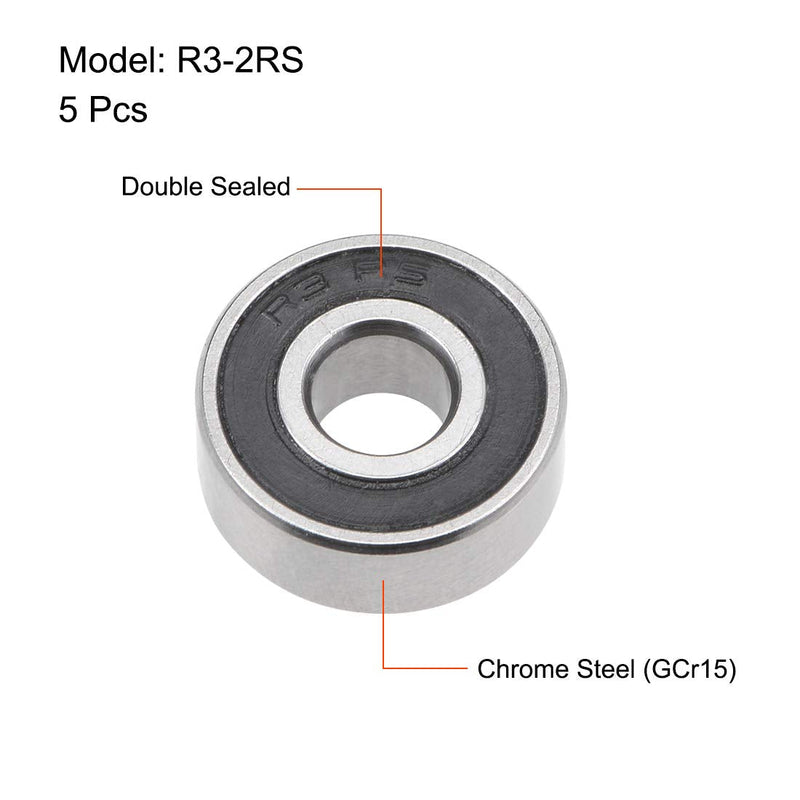 uxcell R3-2RS Deep Groove Ball Bearing 3/16-inchx1/2-inchx0.196-inch Sealed Z2 Lever Bearings 5pcs 3/16"x1/2"x10/51"