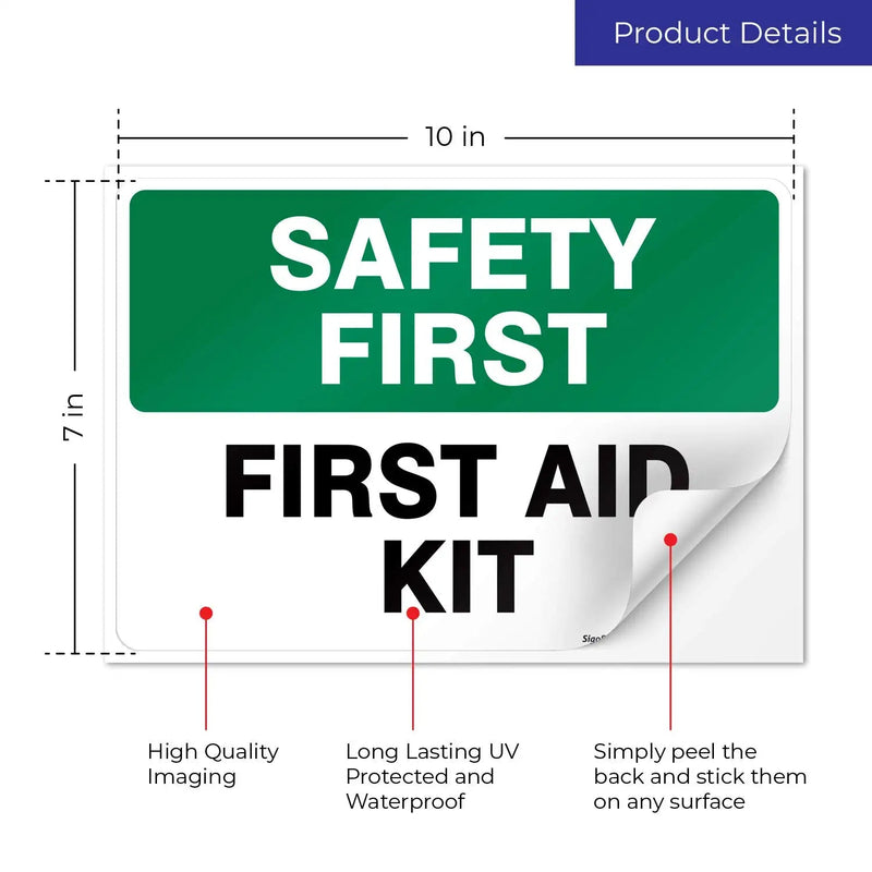 (2 Pack) First Aid Kit Sign, Safety First, 10x7 4 Mil Vinyl Self Adhesive Decal Stickers, Long Lasting, Weatherproof and UV Protected, Made in USA by Sigo Signs Vinyl Sticker