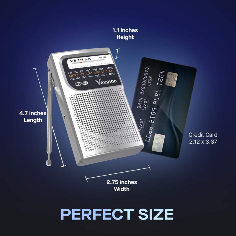 NOAA Weather Radio - Emergency NOAA/AM/FM Battery Operated Portable Radio with Best Reception and Longest Lasting Transistor. Powered by 2 AA Battery with Mono Headphone Socket, by Vondior (Silver) NOAA Weather Radio