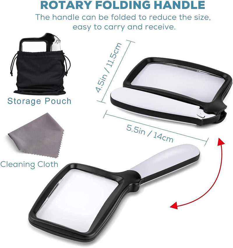VOCA Magnifying Glass with Light, 3X Foldable Large Rectangle Reading Magnifier with Dimmable LED Light for Seniors, Newspaper, Books, Small Print, Lighted Gift for Low Visions