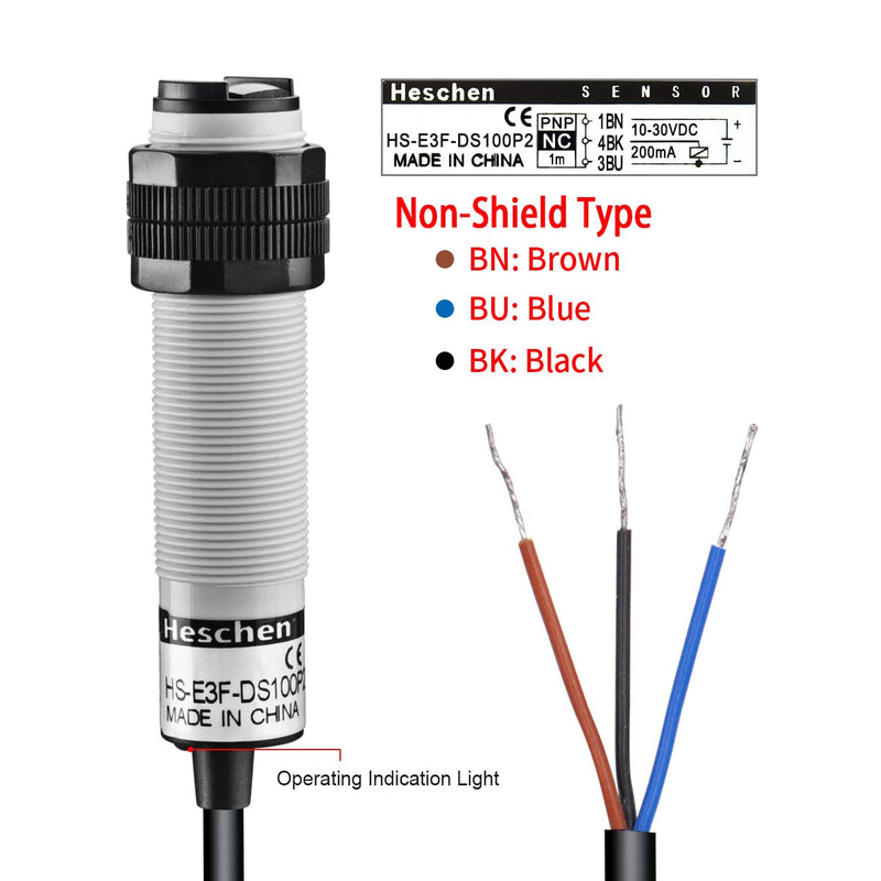 Heschen M18 Column Infrared Photoelectric Proximity Switch, Diffuse Reflection Type, E3F-DS100P2, Detection Distance 10-100CM, 10-30VDC 200mA, PNP Normally Closed (NC), 3 Wires