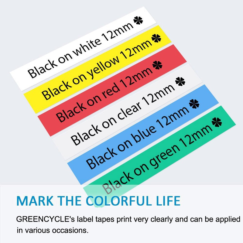 GREENCYCLE Compatible for Brother TZ TZE AZE Label Tape 12mm 0.47" Black on White Clear Red Blue Yellow Green Replacement for Ptouch PT2430PC 1890C PT-D210 300BT PT-1010 PTH100 D200 Label Maker-6 Pack 1/2" (12mm)