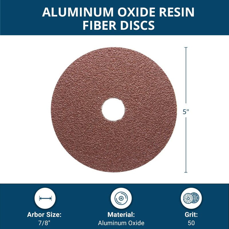 Benchmark Abrasives 5" Aluminum Oxide Resin Fiber Grinding and Sanding Discs for Metals, Wood and Fiberglass 7/8" Arbor 50 Grit - 25 Pack