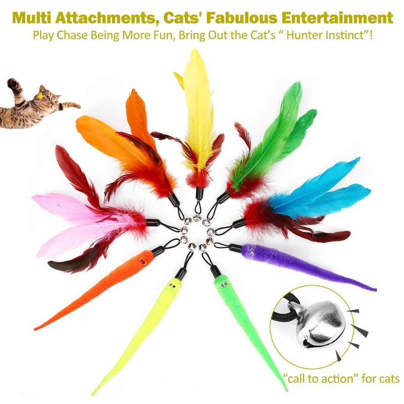 MeoHui Interactive Cat Feather Toys, 2PCS Retractable Cat Wand Toy and 9PCS Squiggly Worm Feathers Teaser Refills, Cat Toys for Indoor Cats Kitten Play Chase Exercise Basic