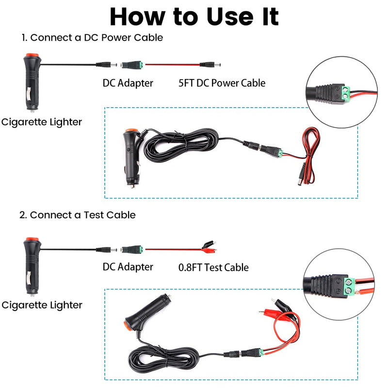 Cigarette Lighter for Car Backup Camera, Monitor, DVR, DVD, Bluetooth Speaker, GPS, Laptop, GreenYi 12V DC Cig. Lighter Charger Cord with Test Cable, DC Plug Adapter and DC Power Extension Cable