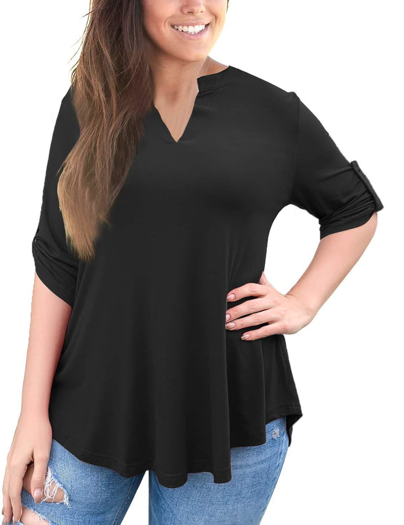 a.Jesdani Women’s Tops 3/4 Roll Sleeve Shirts V Neck Plus Size Blouses Tunic Top Medium Black