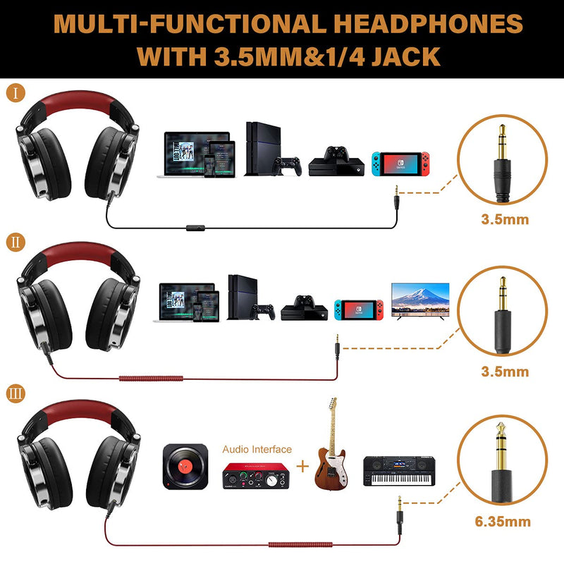 OneOdio Over Ear Headphone, Wired Bass Headsets with 50mm Driver, Foldable Lightweight Headphones with Shareport and Mic for Recording Monitoring Podcast Guitar PC TV - (Red) Red