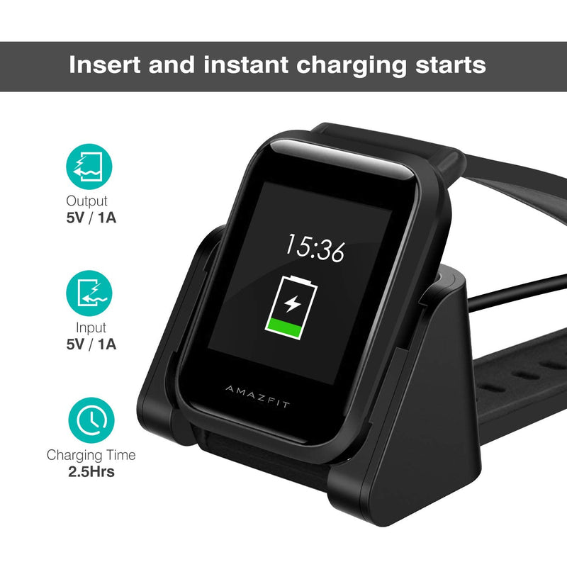 MoKo Charger Compatible with Amazfit Bip/Bip Lite Smartwatch, Portable Replacement USB Charger Charging Stand Adapter Station Cradle Dock with Cable for Huami Amazfit Bip/Bip Lite - Black