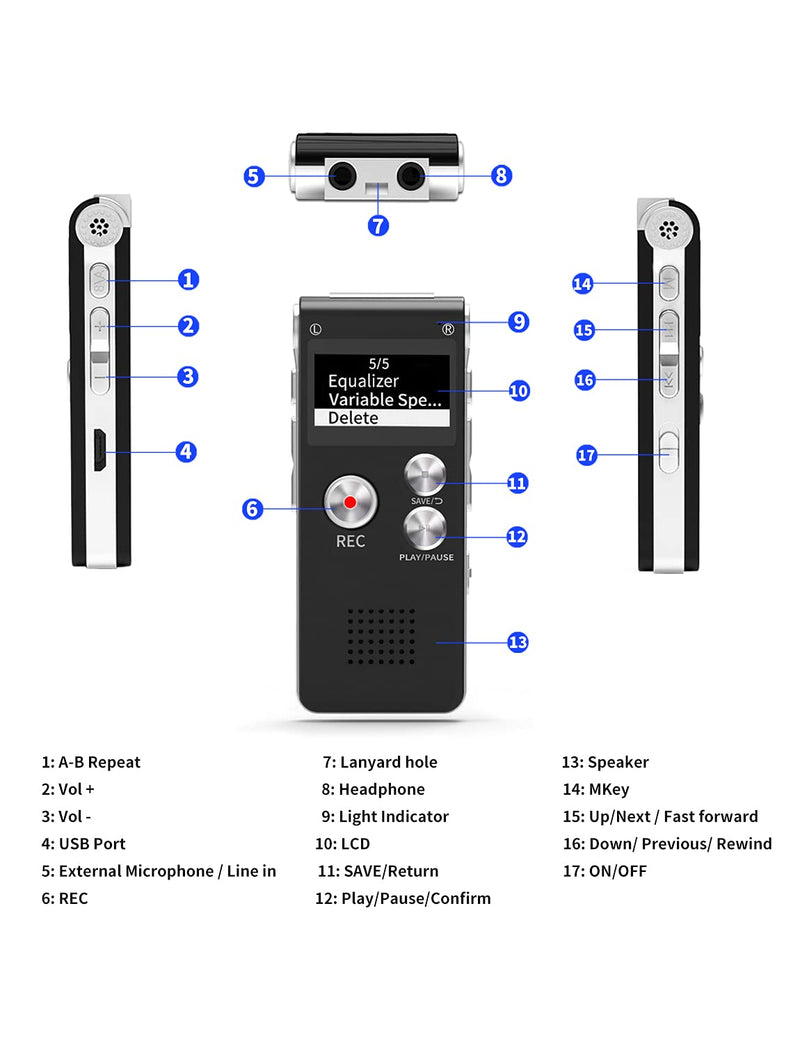 Digital Voice Recorder 16GB Voice Recorder with Playback for Lectures - USB Rechargeable Dictaphon Upgraded Small Tape Recorder