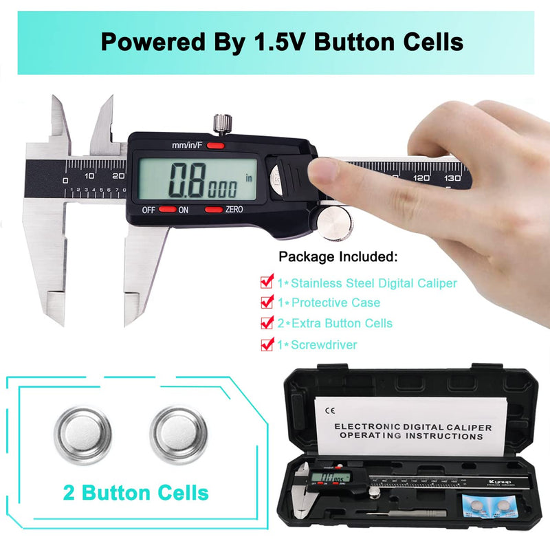 Kynup Caliper Measuring Tool, Digital Micrometer Caliper Tool, Vernier Caliper with Stainless Steel, Large LCD Screen, Auto - Off Feature, Inch Metric Fraction Conversion (6Inch/150mm)