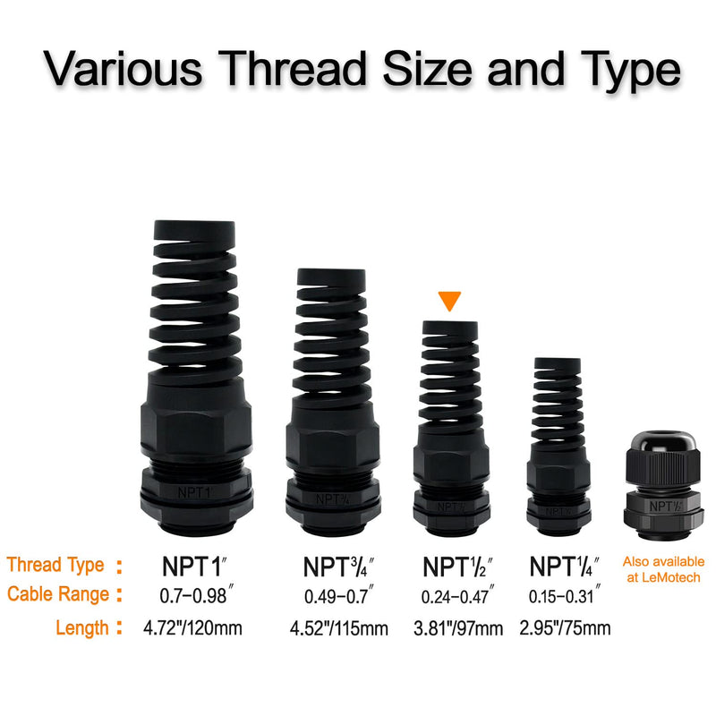 LeMotech 2Pcs NPT 1/2" IP68 Waterproof Cable Gland Flex Spiral Strain Relief Black Nylon Joint with Gaskets for 6-12mm Wire Thread NPT 1/2" (2-Pack)