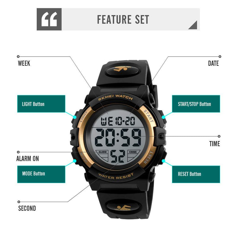 Kids Digital Watch Outdoor Sports 50M Waterproof Electronic Watches Alarm Clock 12/24 H Stopwatch Calendar Boy Girl Wristwatch Black Gold