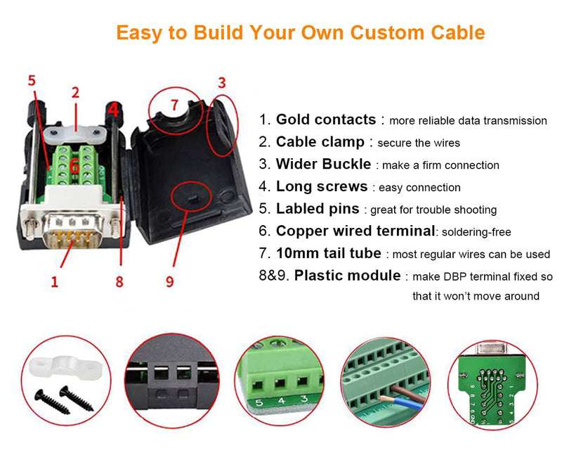 DTECH DB9 Breakout Connector DB-9 Female RS232 Serial Adapter Solderless Module Board with Screw Terminals Block, Case, Long Bolts and Tail Pipes (DB9 Female + Long Bolts) DB9 female + long bolts
