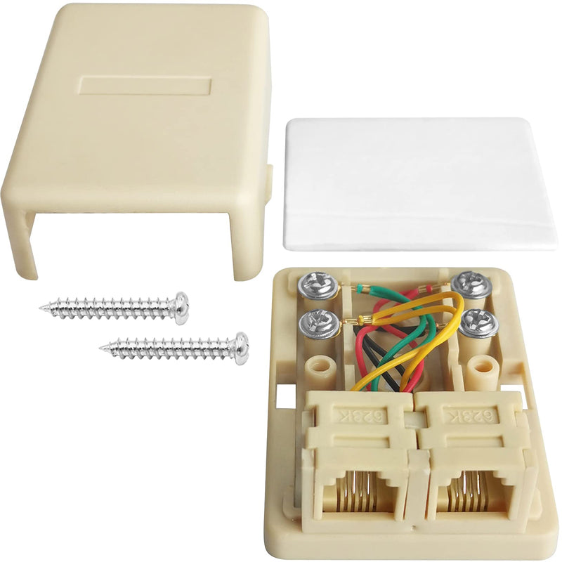 NECABLES Phone Jack Surface Mount Dual Port Telephone Jack Box with 2 RJ11 6P4C Female Outlets Ivory