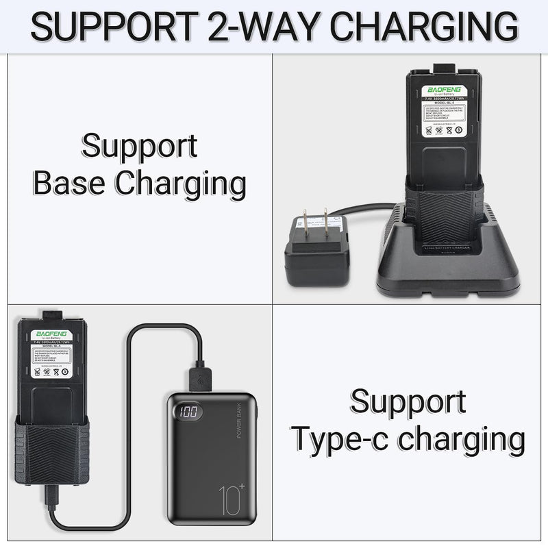 BAOFENG BL-5 3800mAh Extended Battery with Type-C Charger Cable for Walkie Talkie UV-5R BF-F8HP UV-5RX3 RD-5R UV-5RTP UV-5R MK2 MK3X MK5 Plus Series Two Way Radio Black-3800mAh+Type-C