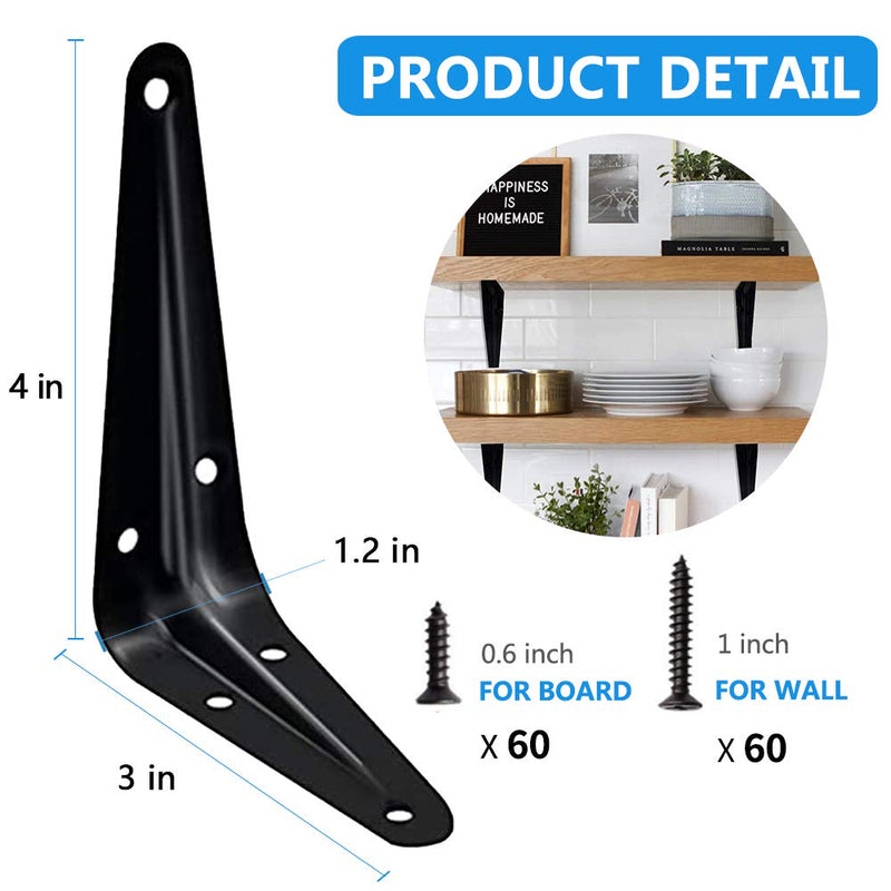 20 Pack Shelf Brackets 4 x 3 Inch, Heavy Duty Black Metal Floating Shelf Bracket, Rustic Farmhouse Decorative Iron L Bracket, J Brackets Wall Angel Corner Brace for Wood Shelves 4 x 3 inch- 20 Pack